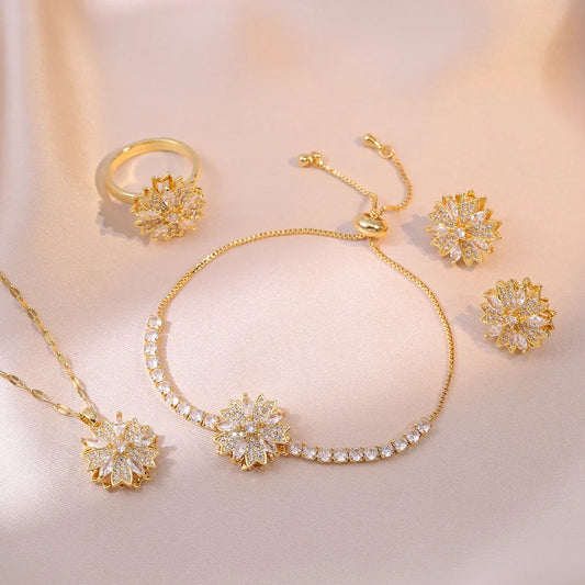 New Style Rotatable Zircon Decorated Flower Pendant Necklace Ring Earrings Bracelet Set Women's Christmas Jewelry Accessories