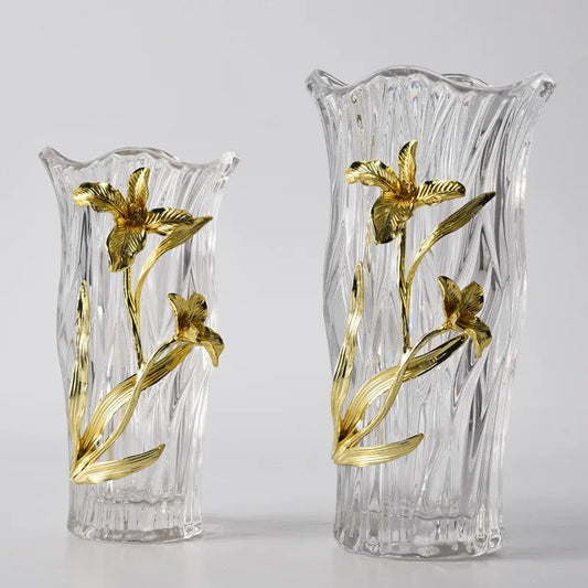 Glass Vase Metal Relief Golden Flower Transparent Hydroponic Terrarium Golden Orchid Flower Vase Room Decoration Accessories