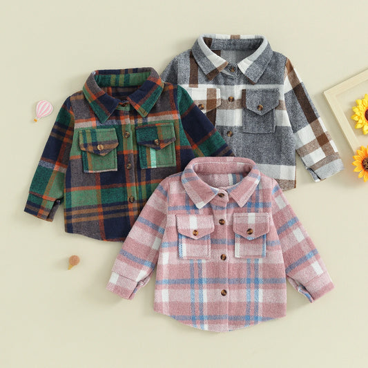 Pudcoco Toddler Boys Girls Jackets Long Sleeve Plaid Print Flannel Shirts Coats Button Down Baby Shackets 6M-4T