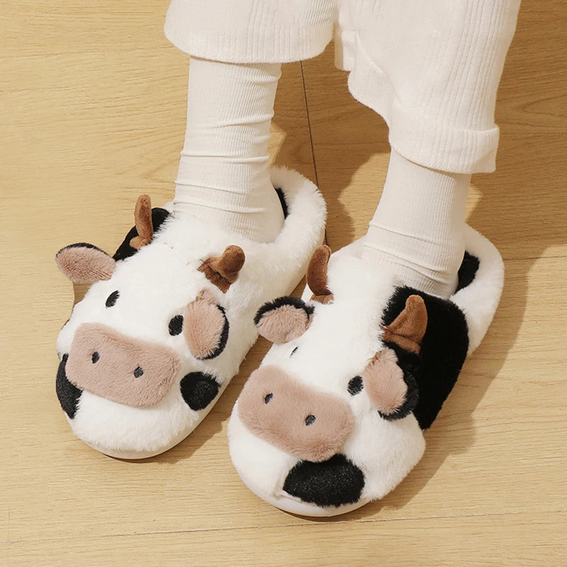 Winter Unisex Women Men Cute Cartoon Cow Warm Plush Slippers Couple's Indoor Non-slip House Slides Toe Wrap Home Cotton Shoes
