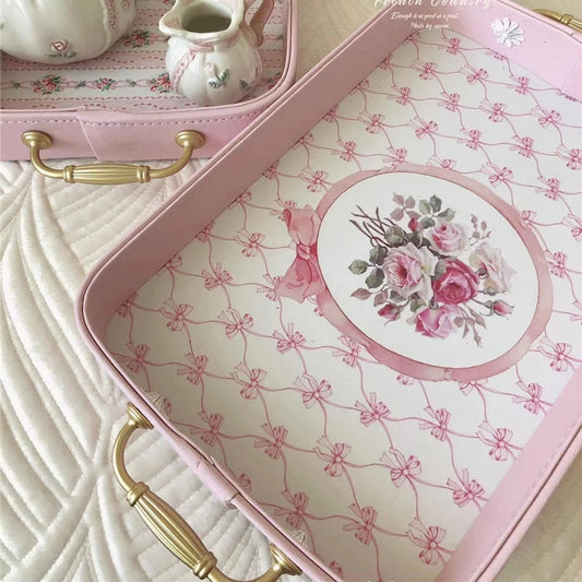European Exquisite Pink Tray Vintage Gold Metal Handle Leather Storage Tray Home Decoration Rectangular Cake Plate Photo Props