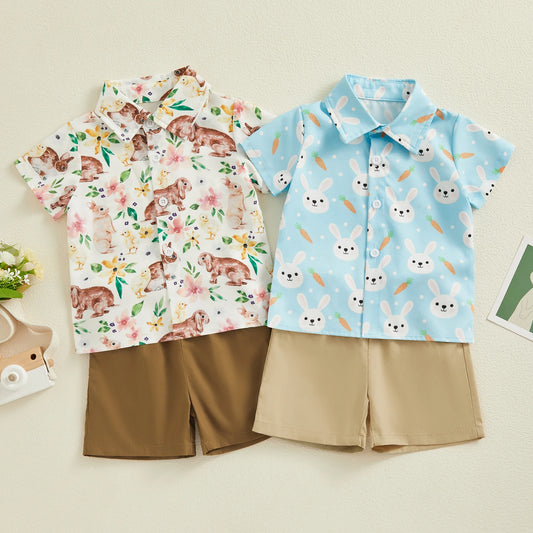 Pudcoco Infant Baby Boy Easter Outfits Short Sleeve Bunny Print Button Shirt + Pocket Shorts Set Toddler Clothes 6M-4T