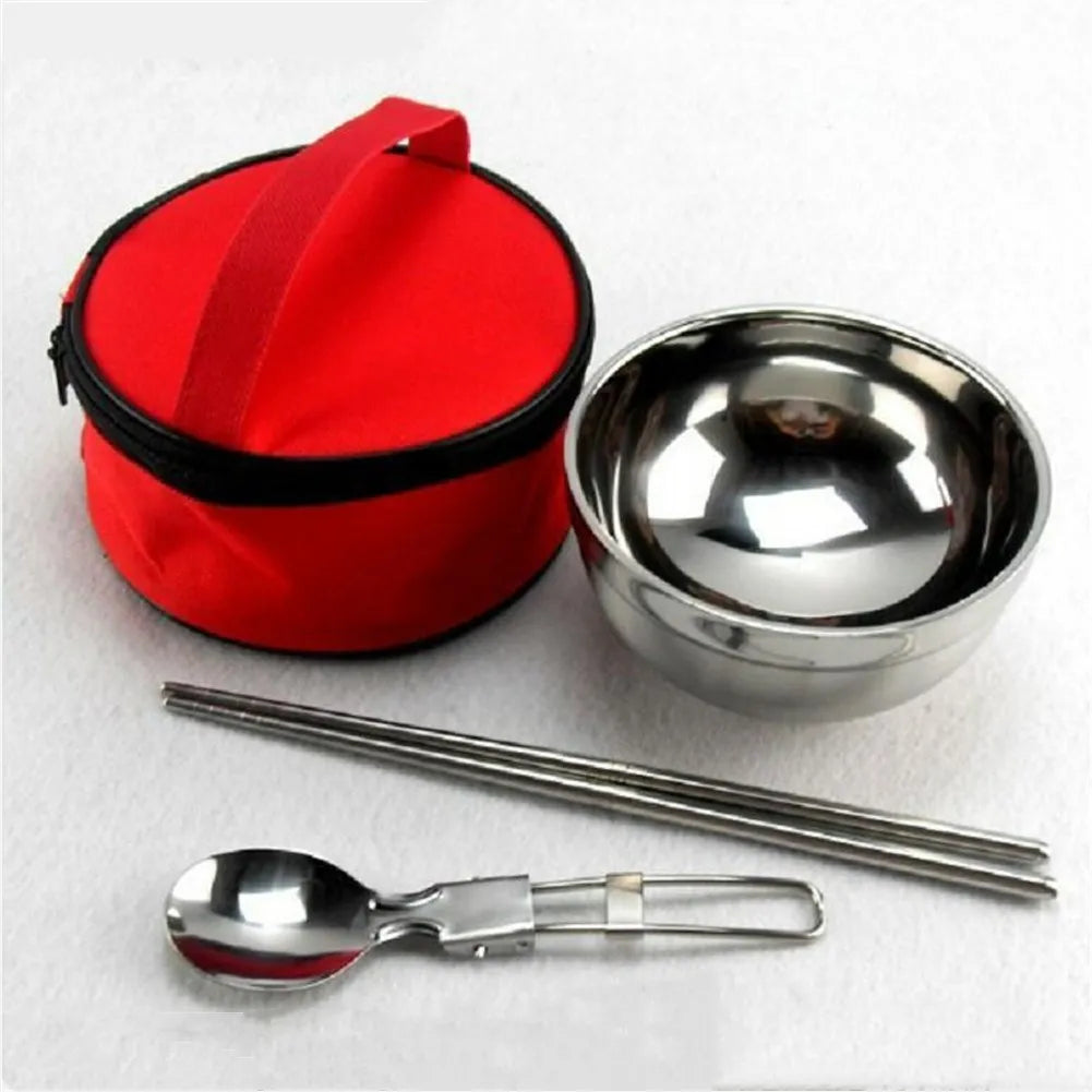 Portable Stainless Steel Tableware Set Outdoor Picnic Travel Spoon Bowls Chopstick Reusable Cutlery Flatware Kits for Camping