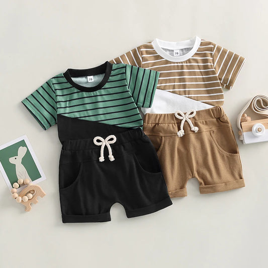 New Summer Toddler Kids Baby Boys Clothes Sets Casual Striped Short Sleeve T-Shirt and Elastic Shorts with Pockets Set Outfits