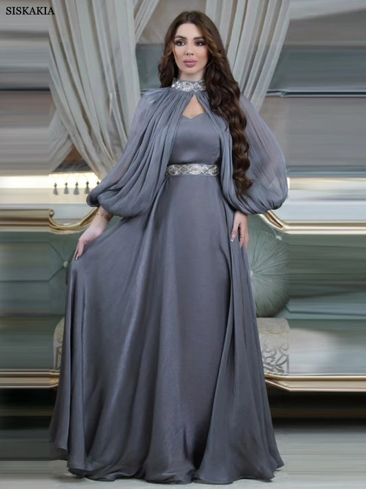 Siskakia Satin 2 Piece Abaya Set Muslim Dress Chic Diamonds Galabiyat Turkish Caftan Moroccan Evening Clothing For Women