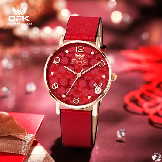 OPK 8622 New Fashion Quartz Watch For Women Red Number Rabbit Dial Leather Ladies Hand Clock Waterproof Original Women's Watches