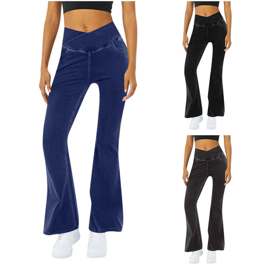 Women's Flare Pants Solid Color High Waist Motion Regular Jeans High Waisted Pocket Cool Breathable Washed Stretchy Flare Pants
