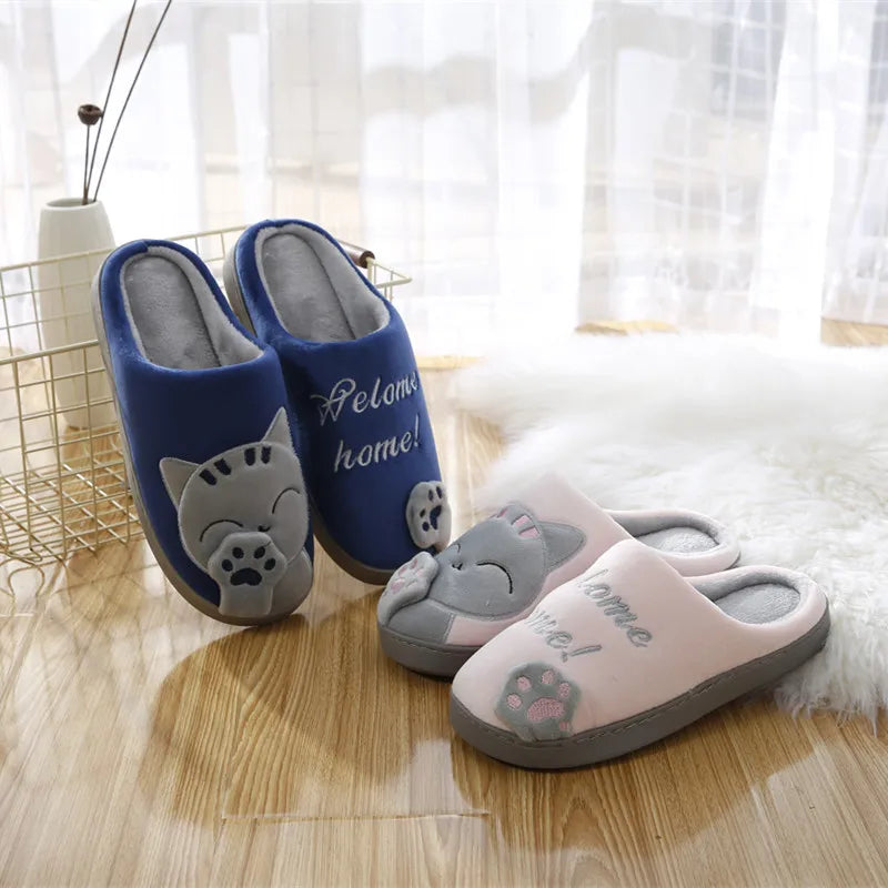 Women Home Slippers Winter Cartoon Cat Slippers Anti Slip Soft Warm Plush Indoor House Slippers Bedroom Couples Floor Shoes