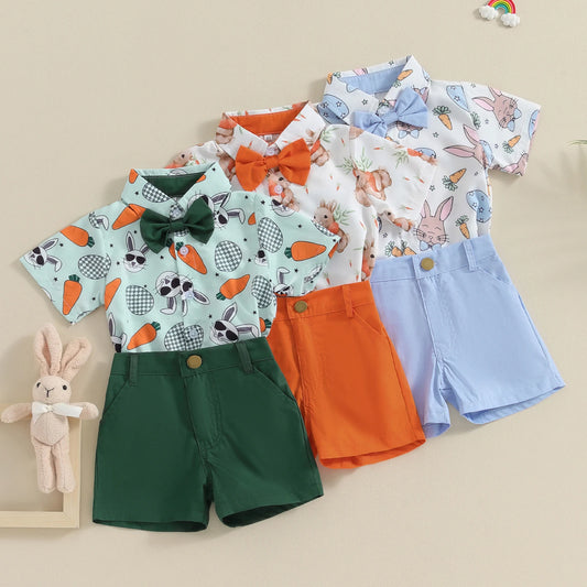 Pudcoco Toddler Boys Easter Outfits Carrot Rabbit Print Bowtie Short Sleeve Shirts Tops and Shorts 2Pcs Summer Clothes Set 6M-4T