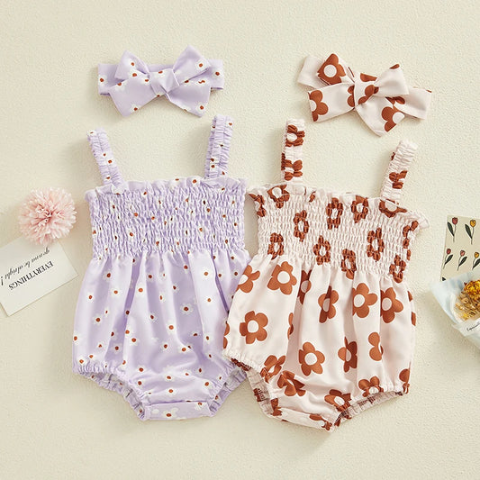 Newborn Baby Girls Summer Casual Romper 0-18 Months Clothes Pleated Flower Print Sleeveless Jumpsuit And Headband Baby Costume
