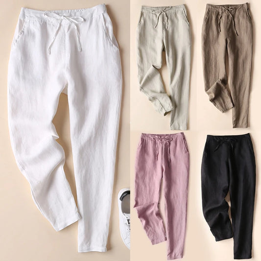 Women Cotton Linen Pants Thin Trousers Solid Color Spring Summer Middle-waisted Casual Pencil Pants 5XL