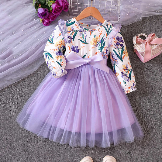 Children Tulle Princess Dress Kids Girls Autumn Long Sleeve Floral Print Bowknot Party Gown Dress Wedding Pageant Clothes 18M-6Y
