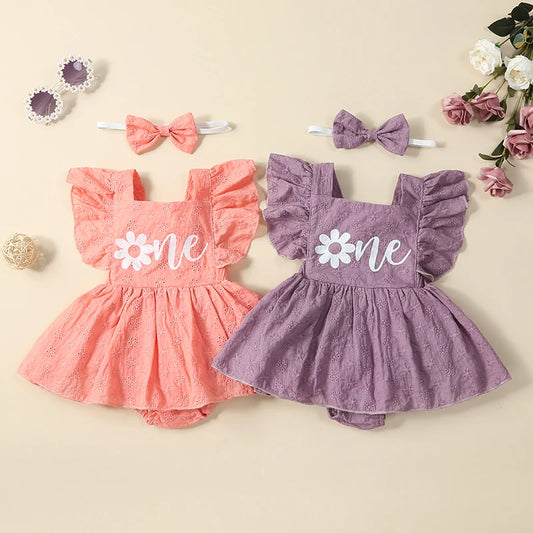 Children Baby Girl Jumpsuit Summer Lovely Flower Letter Print Fly Sleeve Backless Romper Dress + Bow Headband Toddler Bodysuits