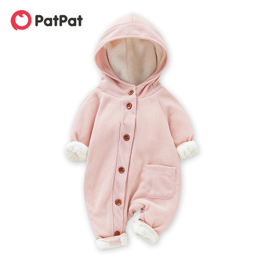 PatPat Baby Girls / Baby Boys 95% Cotton Long-sleeve Thickened Fleece Lined Solid Long-sleeve Hooded Waffle Jumpsuit