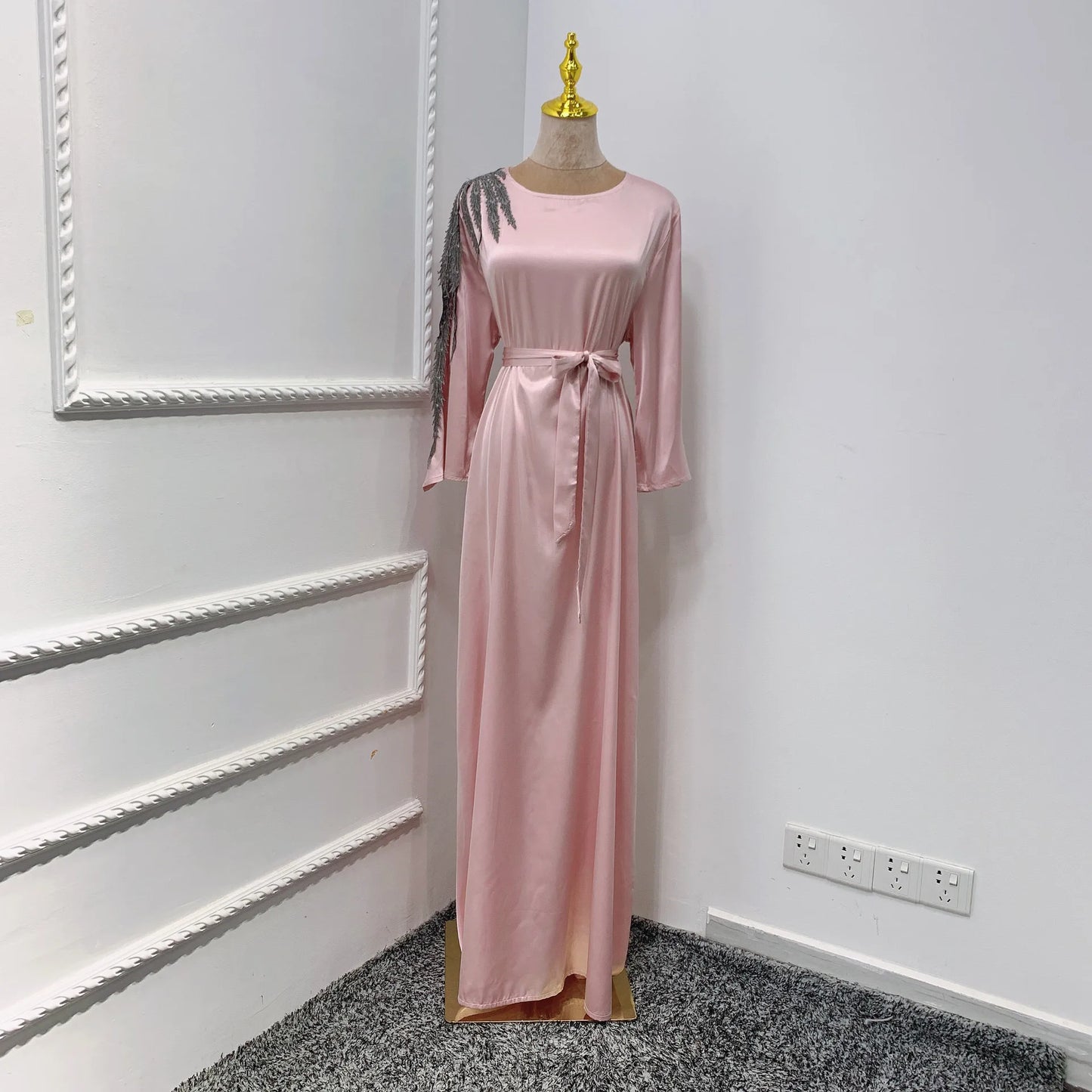 Ramadan Eid Mubarak Muslim Beading Silk Satin Dress Women's Abaya Dubai Turkey Islam Hijab Dress Vestidos Robe Musulmane Longue