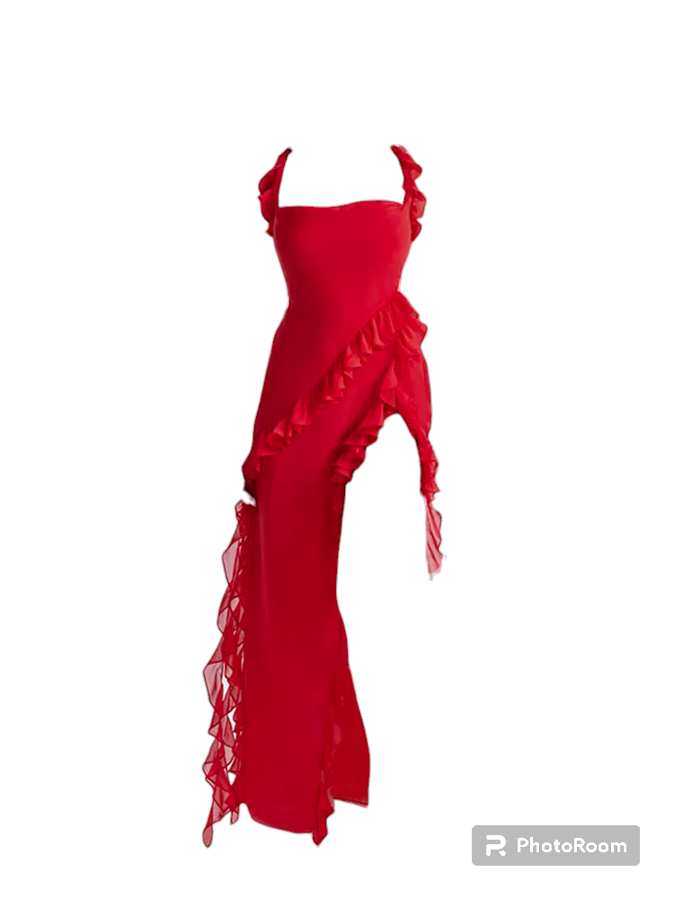 Ruffles Chiffon Maxi Dresses for Women 2023 Backlesss Split Sexy Porm Dress Red Long Summer Wedding Party Dress Elegant Luxury
