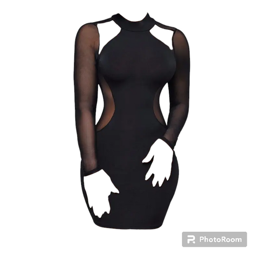 Fashion Bodycon Mini Dress 2023 Women Sexy Mesh Patchwork See-Through Long Sleeve Sheath Slim Evening Party Dresses