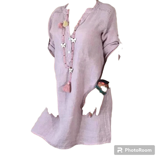 Cotton Linen OL Blouse Dress Vintage Casual Turn Down Collar Short Sleeve Loose Solid Mini Dresses Female Vestidos