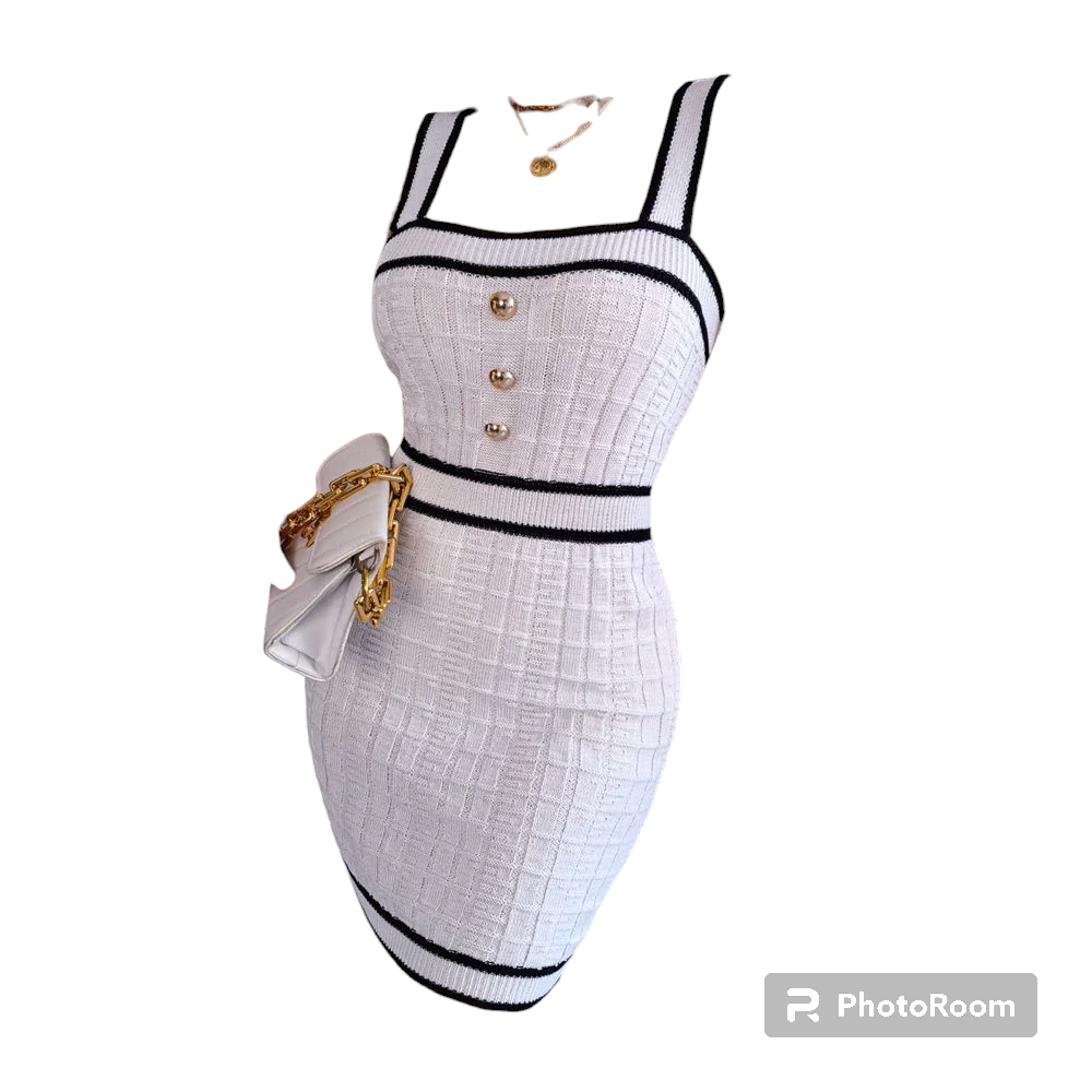 Ficusrong Spring Summer Casual Square Neck Button Collar Colored Waist Knitted Wrapped Hip Dress For Female