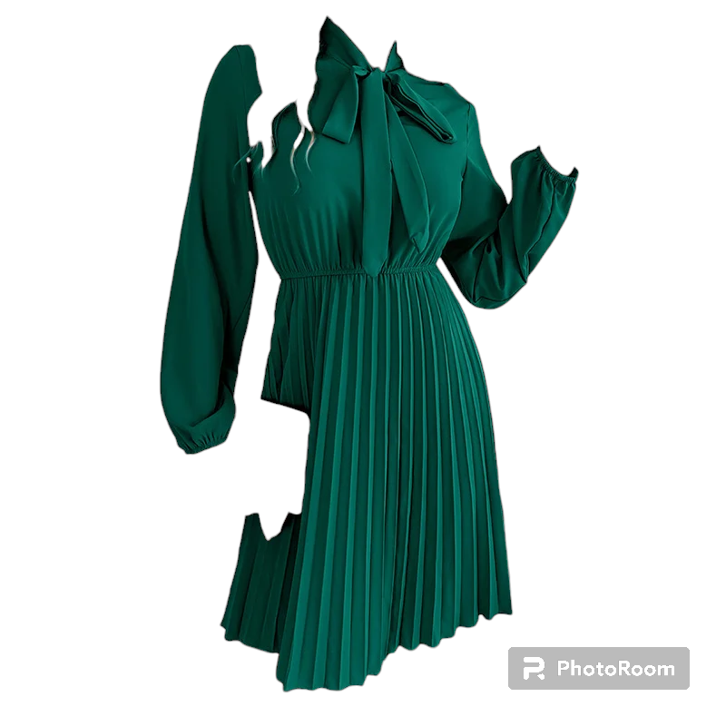 Ficusrong Women's 2023 New Autumn Winter Temperament Lace Up Solid Color High Waist Long Sleeve Pleated Dress
