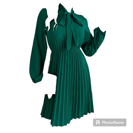 Ficusrong Women's 2023 New Autumn Winter Temperament Lace Up Solid Color High Waist Long Sleeve Pleated Dress