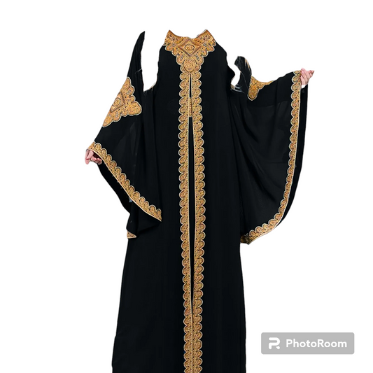 Party Dresses for Women Abaya Muslim Caftan 2 Piece Set Eid Flare Sleeves Robe Embroidered Gold Lace Dress Suit Jalabiya Ramadan