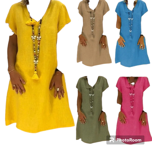 Boho Cotton Linen Dress Women Summer 2023 Short Sleeve V-Neck Tops Casual Loose Dress Female Street T-shirt Dress Vestidos