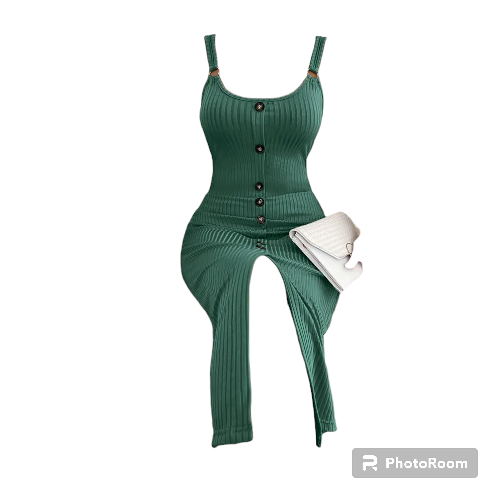 Green Women Knitte  Bodycon Sling Dress Sleeveless Button Front Spit Slim Party Club Midi Dresses For 2024 Elegant Robe Female