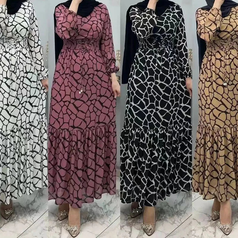 Elegant Eid Print Muslim Dress for Women Ramadan Arabic Femme Jalabiya Marocain Clothes Islamic Turkish Evening Party Dresses