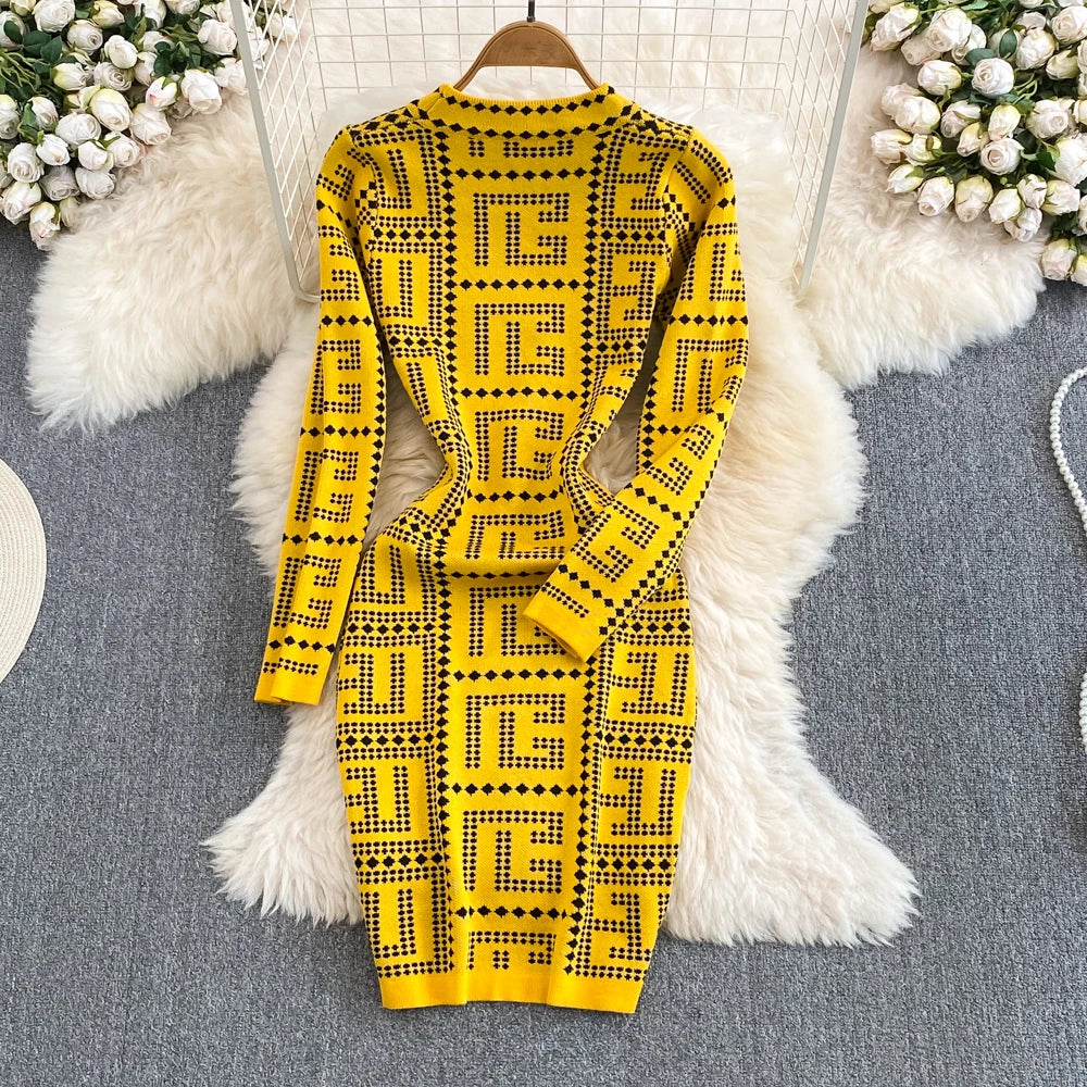 Winter Fashion Women High Grade Geometric Standing Neck Slim Fit Pullover Knitted Dress Ladies Jacquard Wrapped Hip Dresses