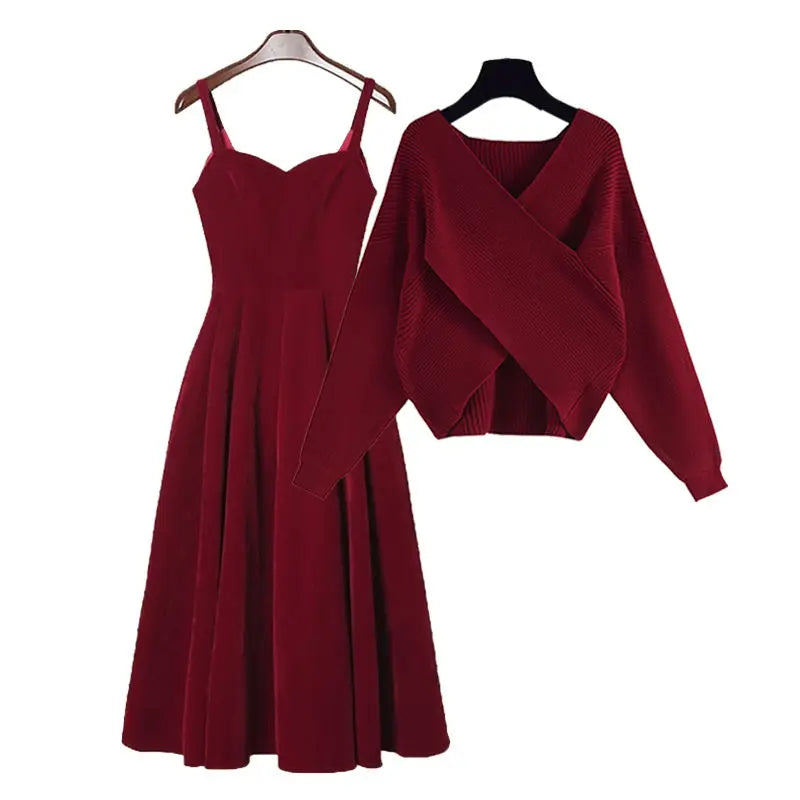 Autumn New Knitted Sweater Pullover Red Camisole Pleated Dress Two Piece Set Elegant Women's Party Dress Outfits