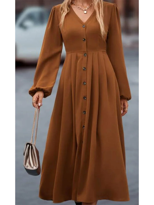 Plus Size High Street Style Women's A-line Long Dress V-neck Button Decoration Elegant Commuter Women's Dress Autumn and Winter