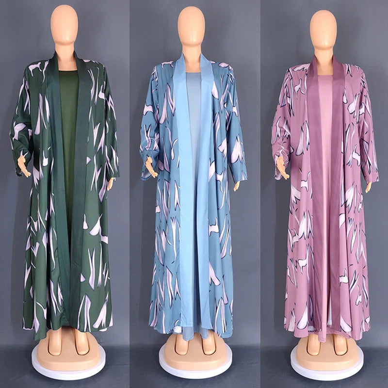 African Women Floral Print 2 Pieces Set Dubai Open Abaya Women Muslim Maxi Dress Islamic Outfits Morocco Kaftan Kimono Jalabiya