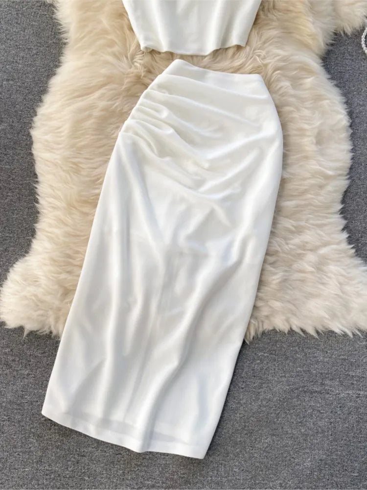 Summer Women Fashion Skirt Set Sexy Sleeveless Tank Tops High Waist Slim Long Saya Female Two Piece Suits White Black Clothes