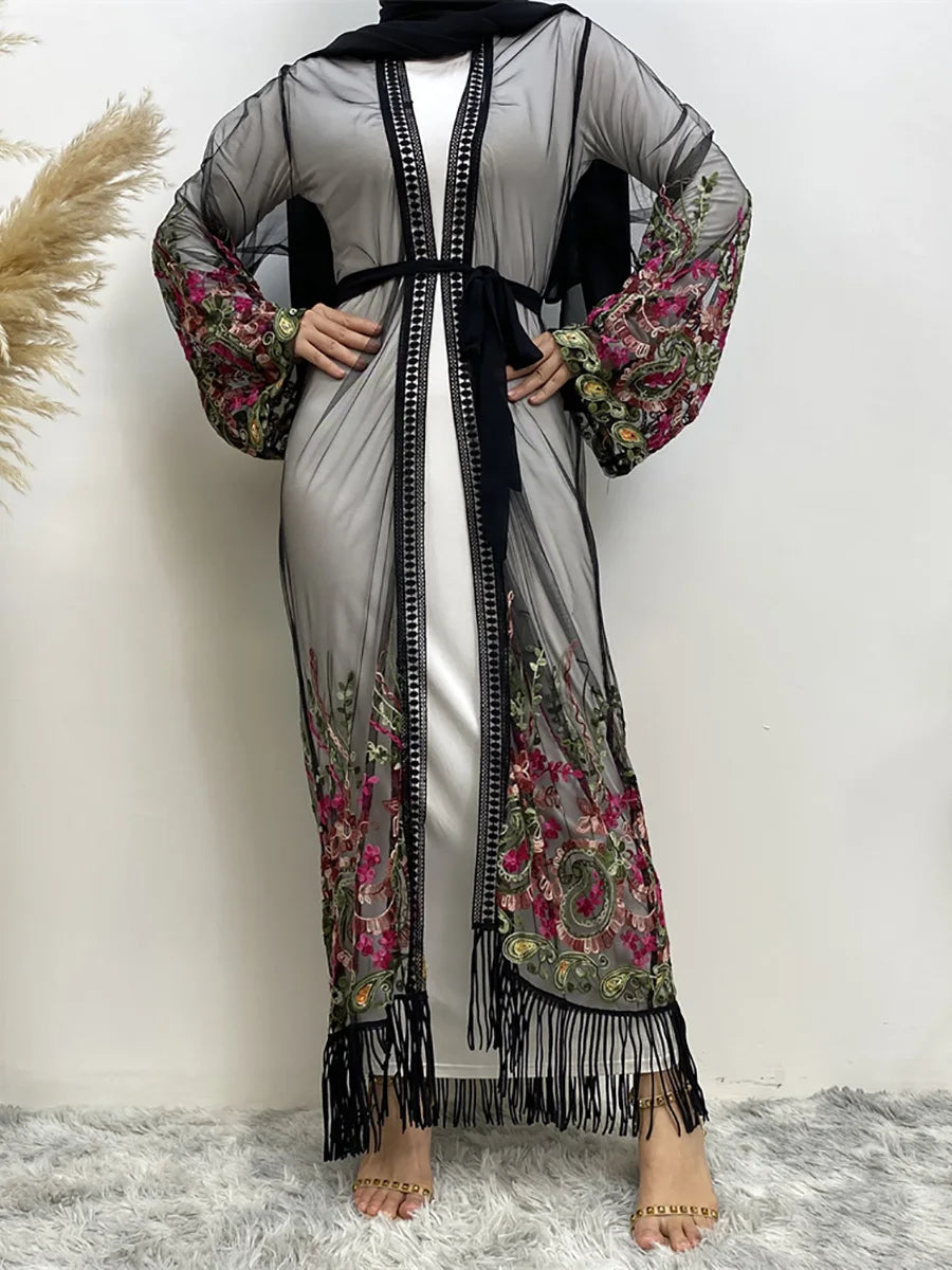 Muslim Abayas For Women Fashion Embroidery Mesh Modest Robe Turkey Dubai Women's Clothing Arab Moroccan Caftan Ramadan Kimono