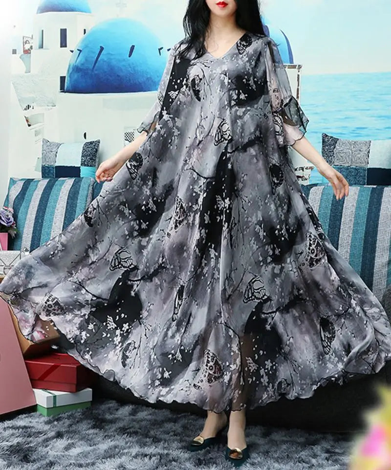 2022 New Flare Sleeve Maxi Dress Fashion Chiffon Sashes V-Neck Women Bohemian Beach Style Floral print Holiday Robe Abaya Woman