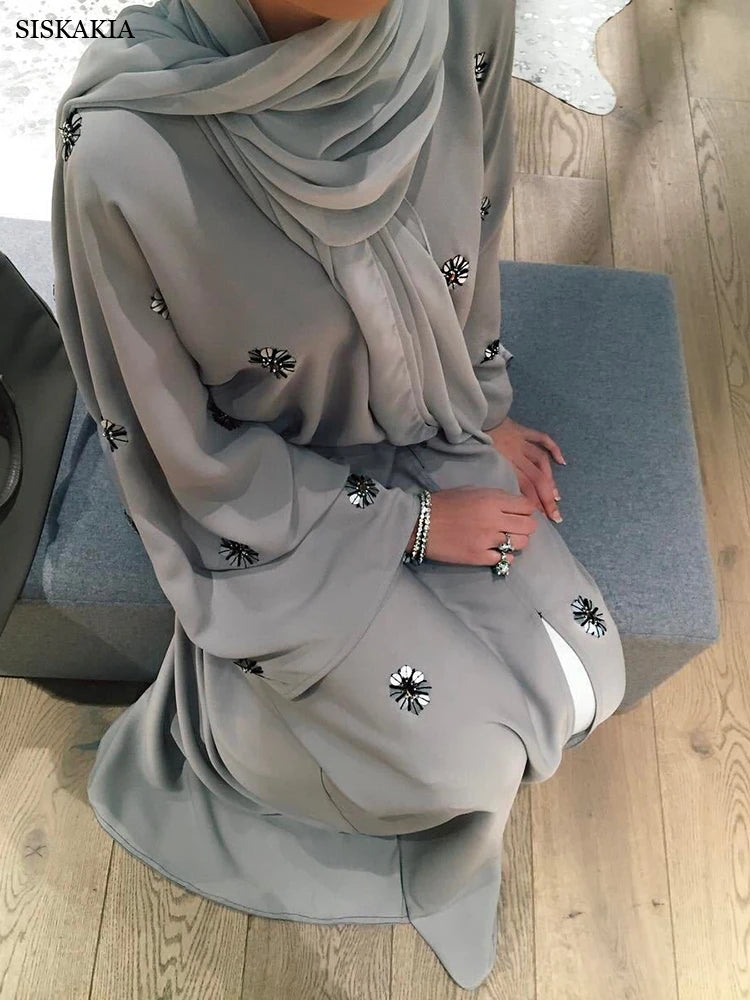 Siskakia Dubai Abaya Muslim Fashion Handmade Sequins Embroidered Cardigan Robe Marocain Turkish Islamic Kimono Ramadan Eid
