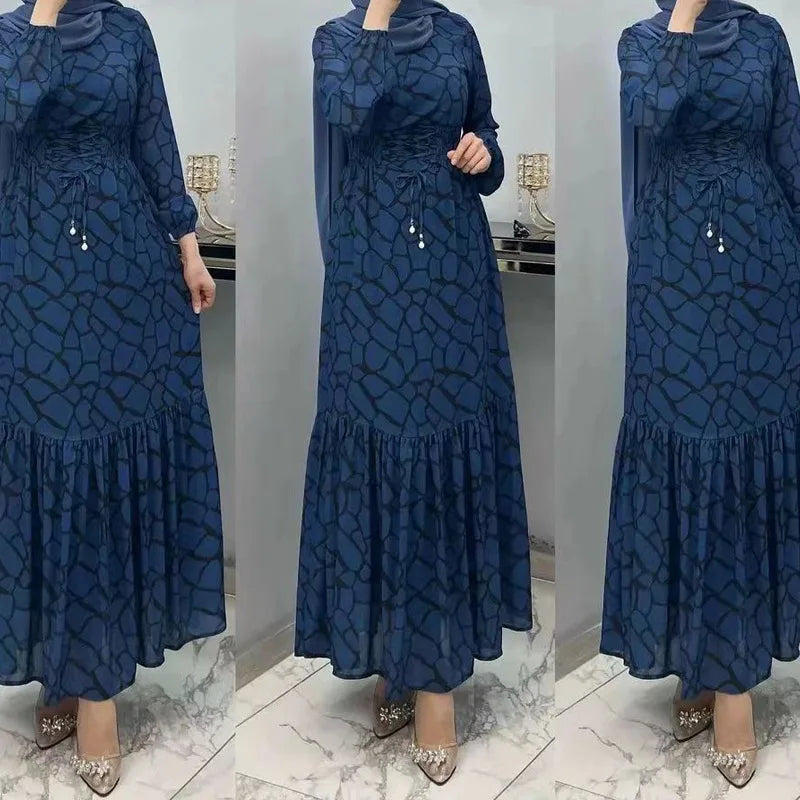 Elegant Eid Print Muslim Dress for Women Ramadan Arabic Femme Jalabiya Marocain Clothes Islamic Turkish Evening Party Dresses