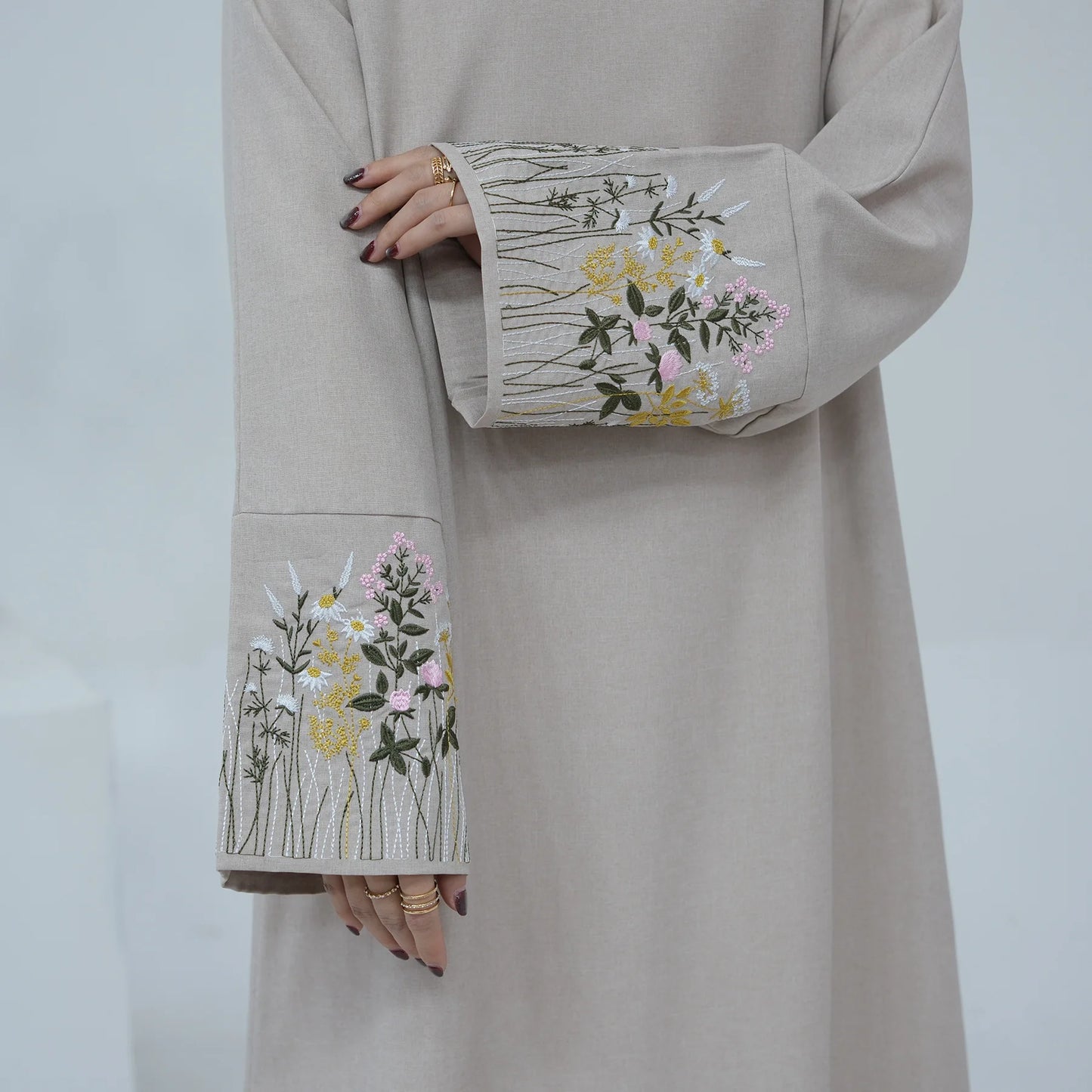 Floral Embroidery Closed Abaya Thin Linen Muslim Abayas for Women Dubai Luxury Turkish Dress Islamic Clothing Kaftan Hijab Robe