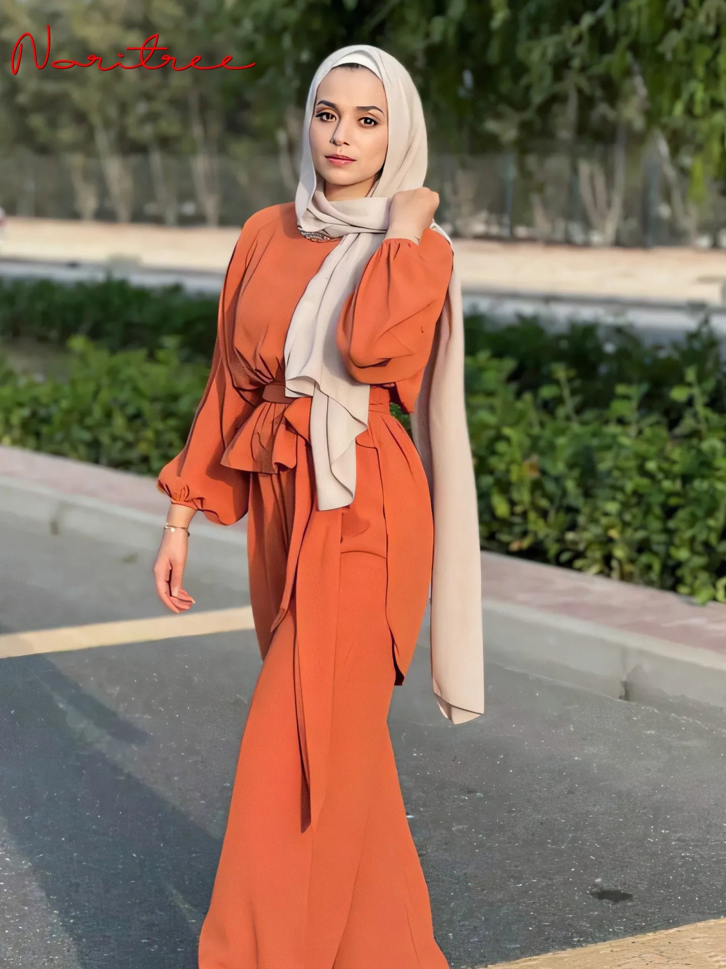 2pieces Djellaba Muslim Sets Dress Elastic Cuff Muslim Suits Elegant Long Islamic Women Modest Wear Clothing EID Sets WY1491