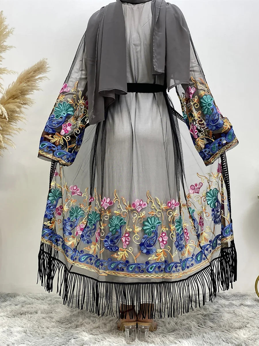 Muslim Abayas For Women Fashion Embroidery Mesh Modest Robe Turkey Dubai Women's Clothing Arab Moroccan Caftan Ramadan Kimono