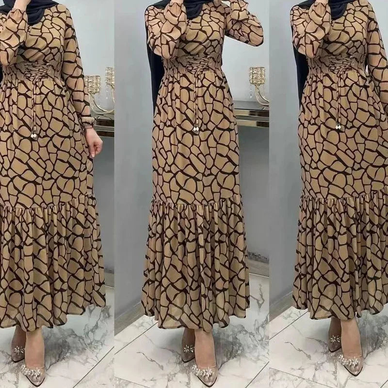 Elegant Eid Print Muslim Dress for Women Ramadan Arabic Femme Jalabiya Marocain Clothes Islamic Turkish Evening Party Dresses