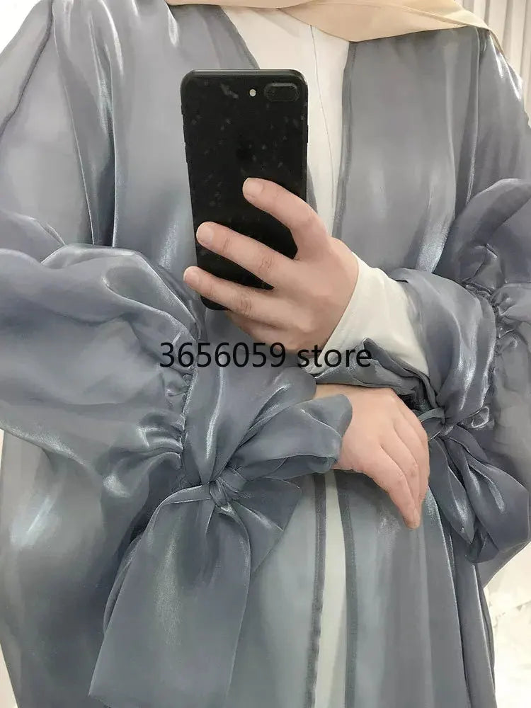 Shimmering Open Abaya Kimono for Women Silky Balloon Sleeve  Long Dress Cardigan Muslim Dubai Arab Summer Party Outfit Ramadan