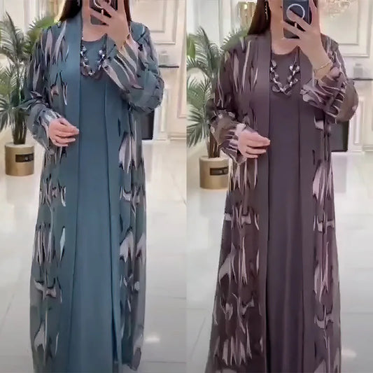 African Women Floral Print 2 Pieces Set Dubai Open Abaya Women Muslim Maxi Dress Islamic Outfits Morocco Kaftan Kimono Jalabiya