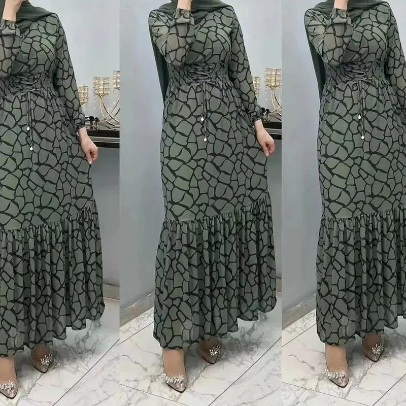 Elegant Eid Print Muslim Dress for Women Ramadan Arabic Femme Jalabiya Marocain Clothes Islamic Turkish Evening Party Dresses