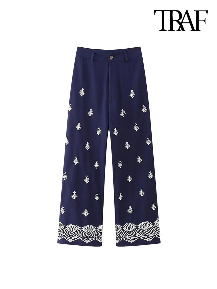 TRAF Women Fashion Embroidery Linen Straight Pants Vintage High Waist Zipper Fly Female Ankle Trousers Mujer