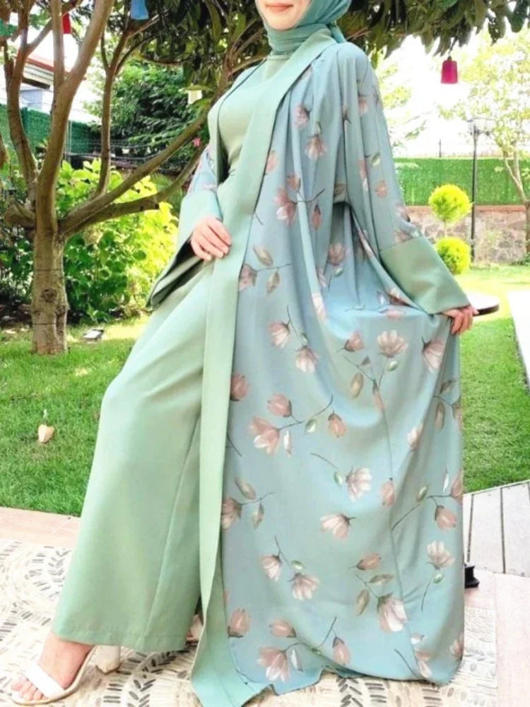 Kimono Abaya Matching Jumpsuit Muslim Linen Hijab Dress Turkey Open Abayas for Women Dubai Kaftan Ramadan Eid Islam Outfits