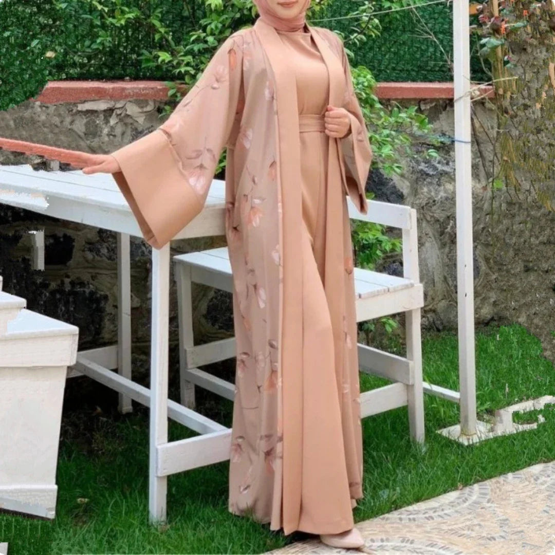 Kimono Abaya Matching Jumpsuit Muslim Linen Hijab Dress Turkey Open Abayas for Women Dubai Kaftan Ramadan Eid Islam Outfits
